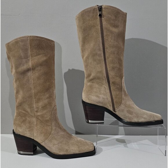 Vince Camuto Babellie Mid Calf Western Boot Square Toe Taupe Tan Suede Size 10 - Picture 3 of 14